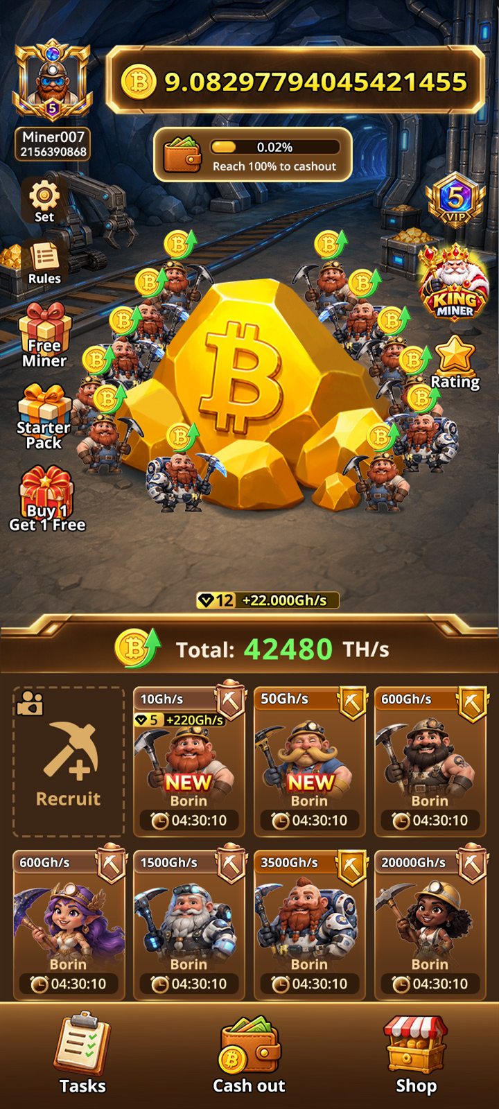 Bitcoin Gem Miner gameplay screen showing a golden Bitcoin rock surrounded by a team of cartoon miners
